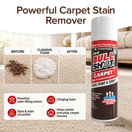 Bull Shot Pro Carpet, Professional Strength Carpet Spot & Stain Remover | Stain-lifting foam action, removes coffee, soda, wine, grease, new & old stains, just point & spray