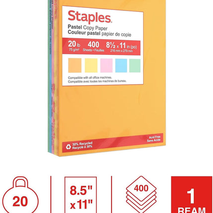 Staples Recycled Pastel Multipurpose Paper, 20 lbs., 8.5-inch x 11-inch, Assorted, 400 Sheets/Pack
