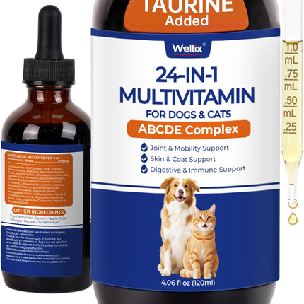 Wellix 4.06 FL oz 24-in-1 Liquid Multivitamin with Taurine for Dogs & Cats, Pet Vitamins and Supplements with Glucosamine, Cranberry, MSM, Probiotics - Itch&Allergy Relief, Joint Supplement for Pets