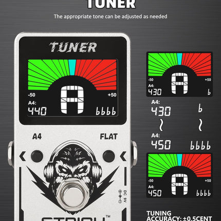 STRICH Tuner Pedal, Silver, Compact with Large Color Screen - Precision Chromatic Drop Tuning, 430-450Hz A4, True Bypass for Electric Guitar & Bass