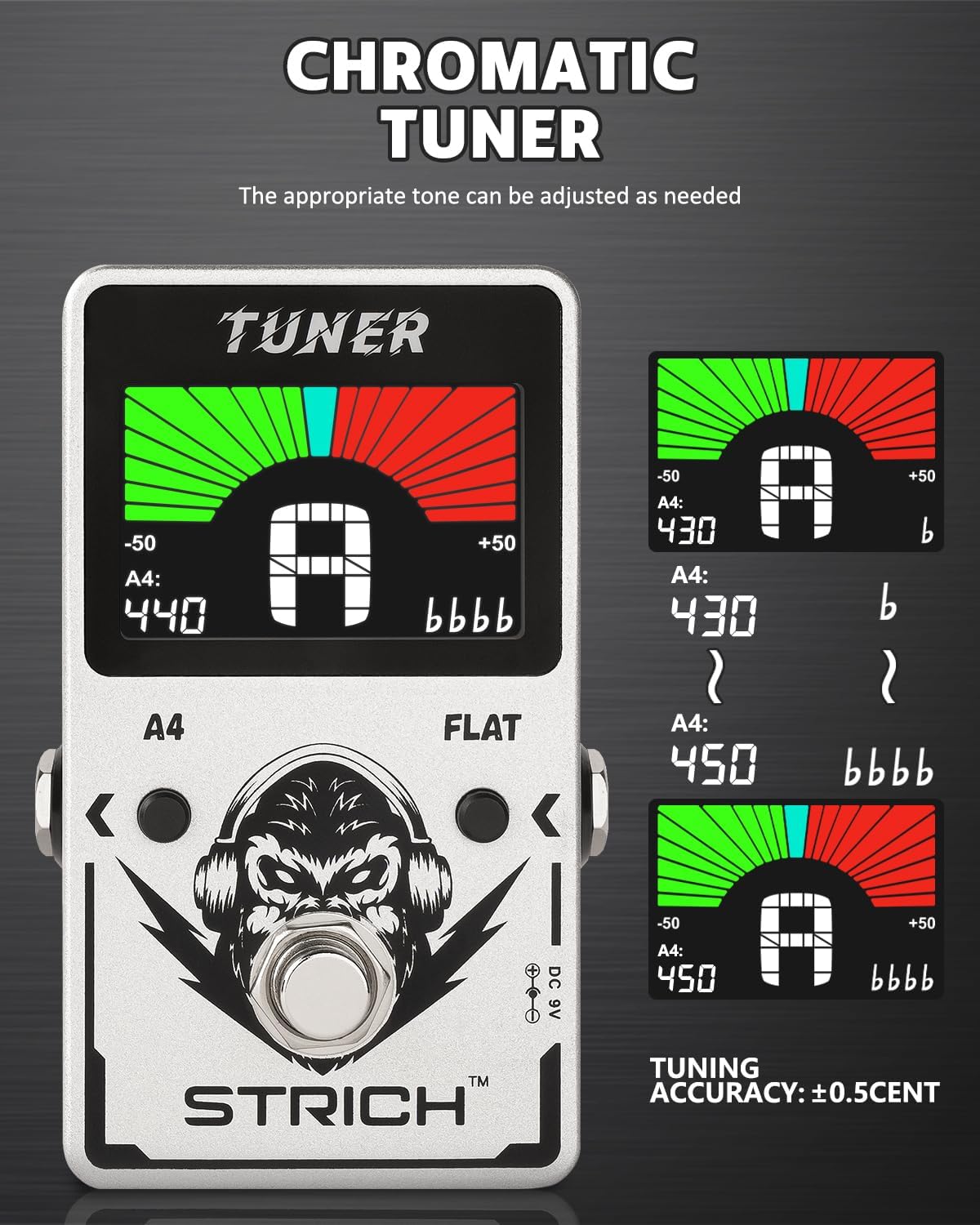 Tuner Pedal, Silver, Compact with Large Color Screen - Precision Chromatic Drop Tuning, 430-450Hz A4 - photo 3