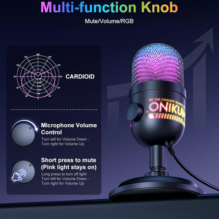 USB Gaming Microphone, RGB Condenser Mic for PC PS4 PS5 Mac, Plug & Play, Tap to Mute, Gain Control, Zero-Latency Monitoring for Streaming Podcasting Recording
