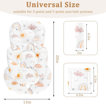 Infant Car Seat Insert Cushion, Super Soft Baby Car Seat Head Support & 2 Straps Pads, Reversible Preemie Newborn Carseat Insert, Fit Car Seat, Stroller, Infant Bouncer, White Rainbow
