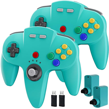 KIWITATA 2 Pack N64 Wireless Controller for Switch System, 2.4GHZ Rechargeable Wireless N64 Remote Joystick Game Controller for N64 Console, MAC, Raspberry Pi, Windows PC(7,8,10,11) Turquoise