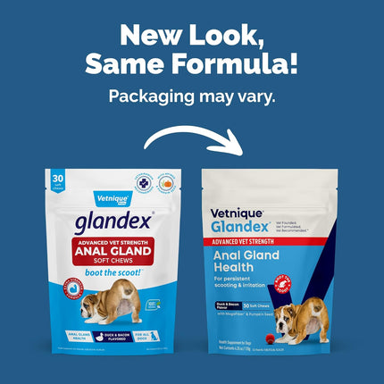Vetnique Glandex Anal Gland Health Soft Chew Treats with Pumpkin for Dogs Digestive Enzymes, Probiotics Fiber Supplement for Dogs Boot The Scoot (Advanced Strength Duck/Bacon Chews (Veg), 30 Count)