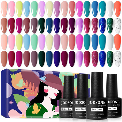 Set de 36 PCS de esmalte de gel para uñas-32 colores kit de esmalte de gel base coat glossy matte y glitter top coat colección verde azul rojo rosa para mujeres