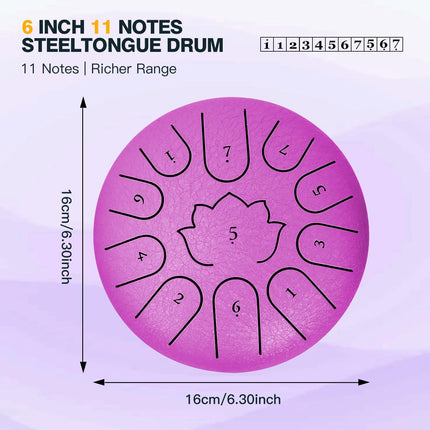 Rain Drum for Outside Garden,6 Inch 11 Note 440Hz Steel Tongue Drum C Major, Steel Drum for Kids & Adults, Music Education & Meditation Drum for Patio&Backyard, with Mallets, Bag&Book(Purple)