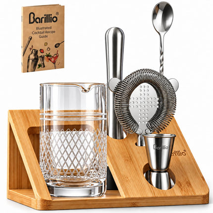 24 Oz Crystal Cocktail Mixing Glass with Bamboo Stand & Bar Tools | Seamless Lead-Free Crystal, Weighted Base Stirring Pitcher | Including Muddler, Mixing Spoon, Jigger and Strainer