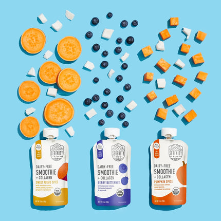 Serenity Kids 6+ Months Dairy Free Smoothie Baby Food Pouches - Protein Snack Pouches with Grass-Fed Collagen & Healthy Fats - USDA Organic Baby Food with No Added Sweeteners - 3.5 Fl Oz, Pack of 8