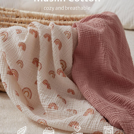 Blissful Diary Muslin Crib Sheets for Girl Boy, Boho Neutral Soft Cotton Baby Sheet for 52''x28'' Standard Crib Mattress, 2 Pack(Dusty Pink&Rainbow)