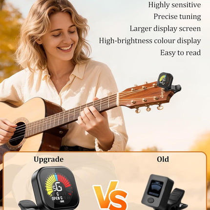 New Bee Guitar Tuner Clip-On Rechargeable with Color Screen 360° Rotatable Acoustic Chromatic Open Tuning for Guitar, Bass, Ukulele, Violin, Cello(Black, 1 Pack)