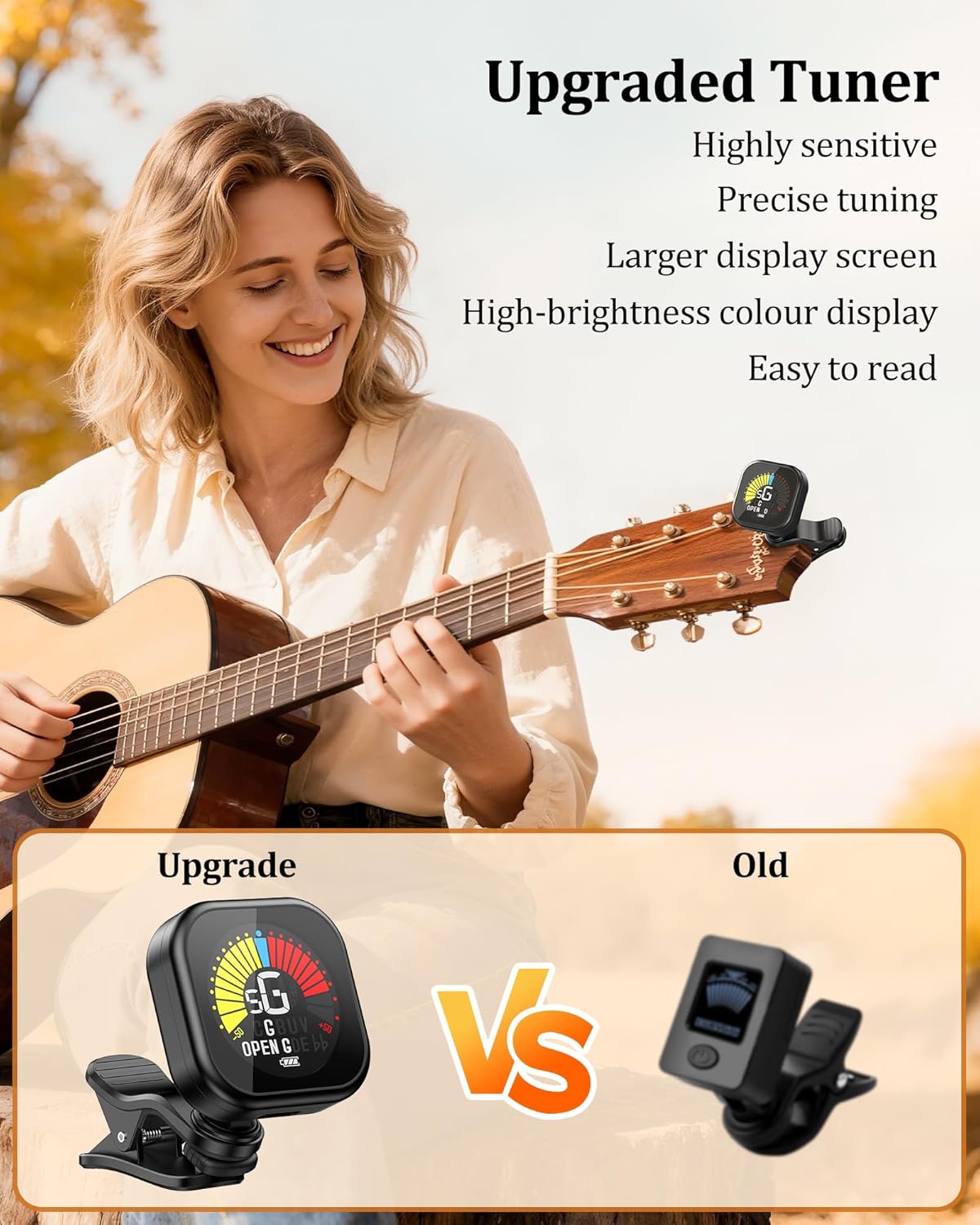 Guitar Tuner Clip-On Rechargeable with Color Screen 360° Rotatable Acoustic Chromatic Open Tuning for - photo 2