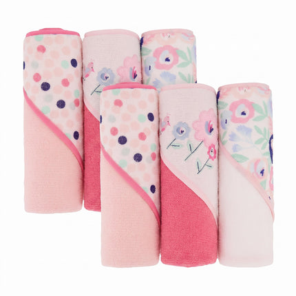 Buttons & Stitches Baby Girl 3 Pack Rolled/Carded Hooded Towels in Crisp Blossom Print (GS71728)