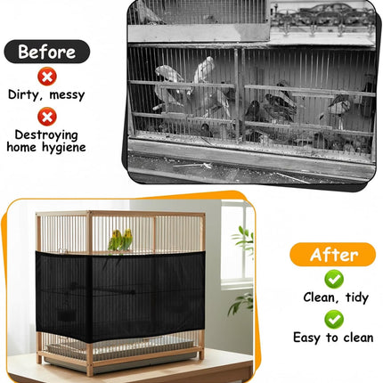 Adjustable Bird Cage Seed Catcher, Black Bird Cage Net Birdcage Cover Skirt Nylon Mesh Netting, Stretchy Birds Cages Guard for Parrot Parakeet Macaw African Any Cages Cover