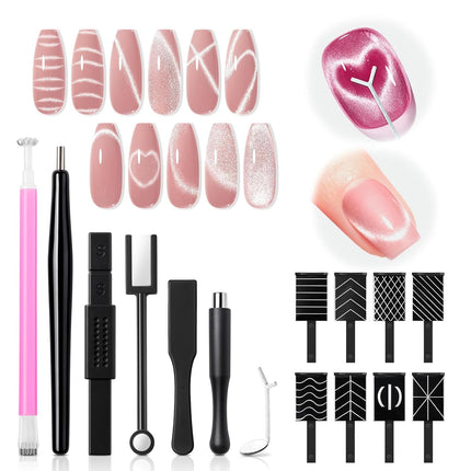 modelones Cat Eye Magnet Set, 15PCS French Cateye Gel Nail Polish Magnet Nail Art Tools Set Heart Magnet for Cat Eye Magnet Square Round Magnet Stick Diverse Glassy Cateye Effect for Women