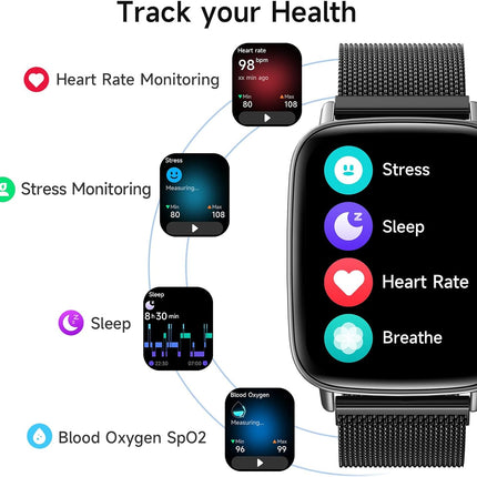 Smart Watch for Women, 1.85" HD Smartwatch Compatible iPhone/Samsung/Android (Answer/Make Calls), 100+ Sport Modes Fitness Tracker with Heart Rate/Sleep/SpO2 Monitor, IP68 Waterproof, Metal Band