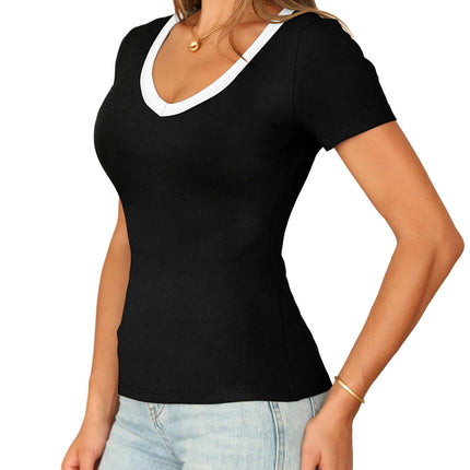 Short Sleeve Shirts for Women V Neck Summer Ribbed Tshirts 2026 Slim Fit Spring Fashion Going Out Basic Tees