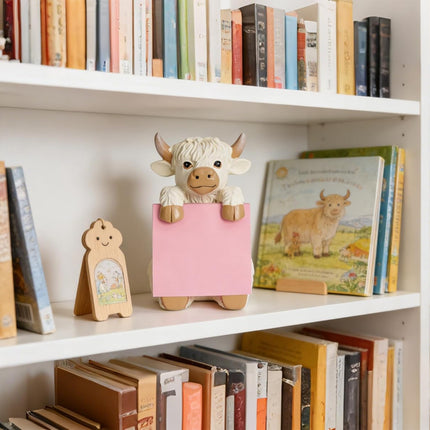 Highland Cow Pop-up Sticky Note Dispenser, Includes 1 Pad of 3x3 in Super Sticky Notes, 100 Sheets, Resin Cute Handmade Desk Holder for Office & Home-Beige