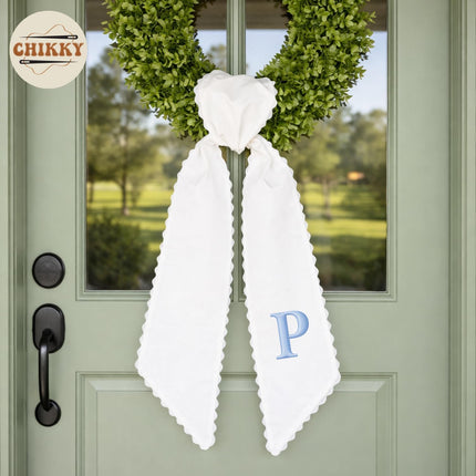 Monogram Wreath Sash Bow for Front Door, Wreath Ribbon with Adjustable Bow Knot Farmhouse Door Wreath Decor Monogram Embroidered Sash for Holiday,Wedding,Memorial (12 - Initial)