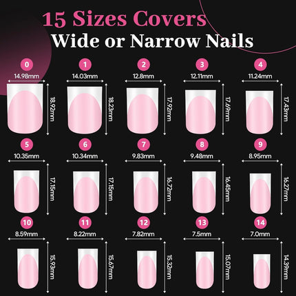 60Pcs Light Pink French Tip Press on Nails & Press on Toenails Set, Square Fake Nails Kit with Nail Glue, 15 Sizes Acrylic Full Cover Toe Nail Press Ons Stick on Nails for Women DIY Home Manicure