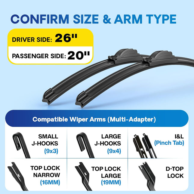 26 in and 20 in Windshield Wiper Blades, Pack of 2