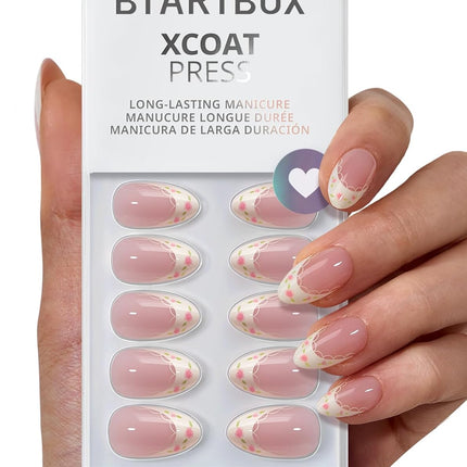 BTArtbox French Tip Press On Nails - Sunprint Dress, Lamp-Curable 4-Week Wear Pink Short Almond Press On Nails with Glue and Adhesive Tabs, Easy-to-Apply in 16 Sizes - 32 Nails All-in-One Kit