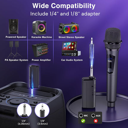 Wireless Microphone,Professional Dual Handheld Cordless Dynamic Mic System with Rechargeable Receiver,Plug & Play,Compatible with karaoke machines and PA systems for Speech,Church,Wedding,DJ,Party