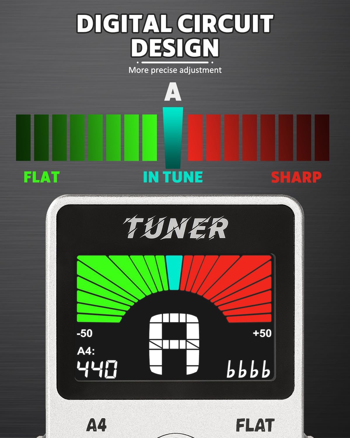 Tuner Pedal, Silver, Compact with Large Color Screen - Precision Chromatic Drop Tuning, 430-450Hz A4 - photo 4