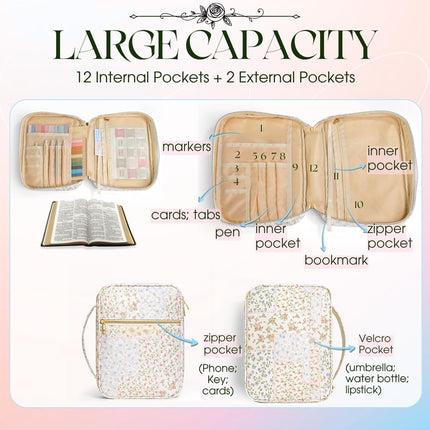 Bible Cover Case for Women Girls: Christian Mothers Day Gifts for Mom Large Quilted Bible Bag with Multi Pockets 26Pcs Study Supplies Journaling Kit, Floral Print Durable Book Carrying Organizer