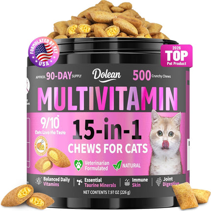 Taurine for Cats Vitamins Treats, 15 in 1 Cat Multivitamin Support Skin, Joint, Digestion & Immune Supplement, 500 Crunchy & Creamy Chews with Essential Vitamins for Cats of All Ages (90-Day Supply)