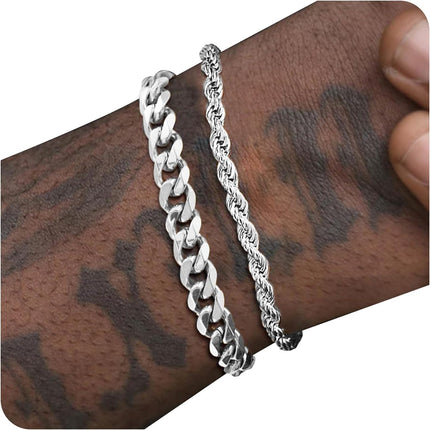 Bracelets for Men Jewelry as 2 PCS Silver/Gold Bracelet for Men Chain, 7-10In Stainless Steel Bracelets for Men Easter Basket Stuffers for Boys Pulseras Para Hombres Mens Accessories