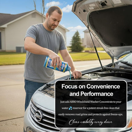 ABRO Windshield Washer Concentrate - 473ml, 2-in-1 All-Season Cleaner & Anti-Freeze, Up to -25°F (-31.5°C) Freeze Protection, Streak-Free Cleaning, Bug and Tar Removal