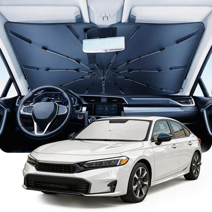 Umbrella Windshield Sun Shade for Car & SUV, Car Sunshade for Front Windshield [Nano Ice-Crystal Coatings] UPF50+ Heat & UV Block, Protect Interior & Keep Cooler Universal for Most of Sedan & SUV