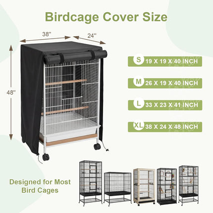 Black Bird Cage Cover, Adjustable with Zipper Panel and Velcro, Breathable and Waterproof, Good Night for Parrot and Small Animals, Size XL