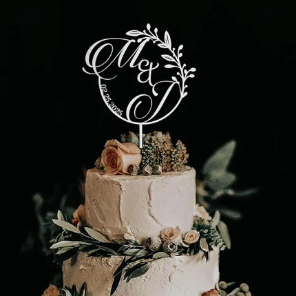 Boho Wedding Cake Topper with Rustic Floral Wreath – Personalized Mr & Mrs Name Sign – Custom Wood or Acrylic Cake Topper
