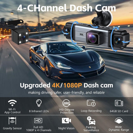Dash cam de 4 canales 360° frontal, trasera e interior, tarjeta de 64GB incluida
