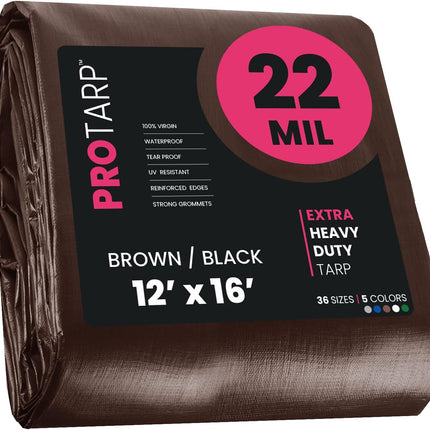 PROTARP Extreme Heavy Duty 22 Mil Tarp Cover, Waterproof, UV Resistant, Rip and Tear Proof, Poly Tarpaulin with Reinforced Edges for Roof, Camping, Patio, Pool, Boat. (Brown/Black 12′ X 16′)