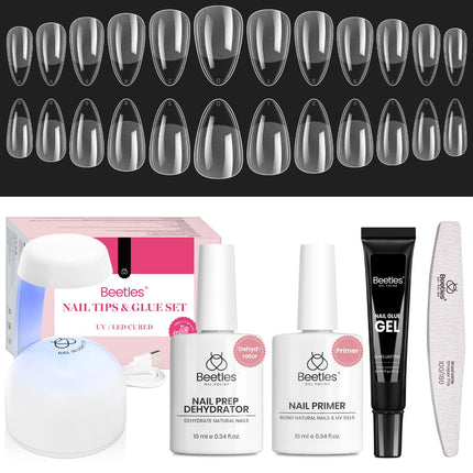 Beetles Gel Nail Kit Short Almond Gift Spree, with Dehydrator and Primer, 576Pcs Half Matte Etch-X Gel Nail Tips Solid Nail Glue Mini Lamp Acrylic Tips Easy DIY Extension Set Gift for Women