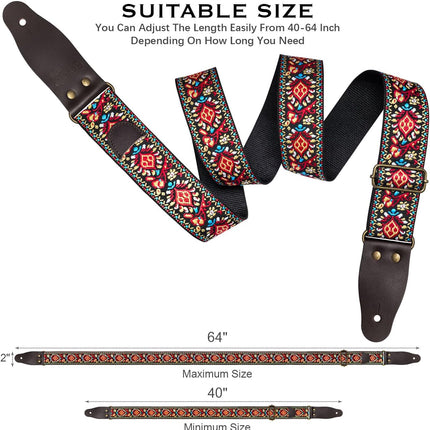 Jacquard Embroidered Guitar Strap, Genuine Cowhide Leather Ends, Adjustable for Bass Electric Acoustic