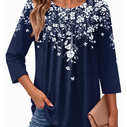 Womens 3/4 Length Sleeve Tops Boho Blouses Casual Pleated Shirts