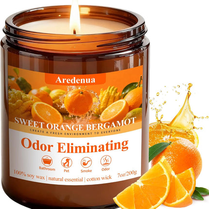 Sweet Orange Bergamot Odor Eliminating Candles | Eliminates 95% of Pet, Smoke & Bathroom Odors – 7oz Hand Poured Non-Toxic Soy Candle - Air Freshing Scented Candle Gifts for Positive & Relaxation