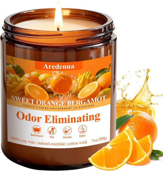 Sweet Orange Bergamot Odor Eliminating Candles | Eliminates 95% of Pet, Smoke & Bathroom Odors – 7oz Hand Poured