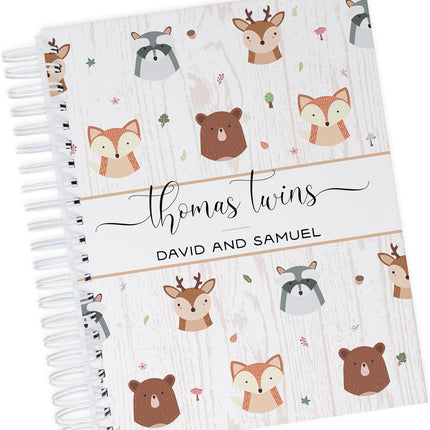 Personalized Twin Baby Memory Book - Hardcover First Year Album Customized with Babies’ Names - Prompted Baby Journal (Forest Friends)