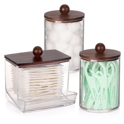 3 Pack Qtips Holder Bathroom Container, 10 oz Cotton Ball/Swabs Dispenser, Apothecary Jar Organizer for Storage Brown Wood Lids