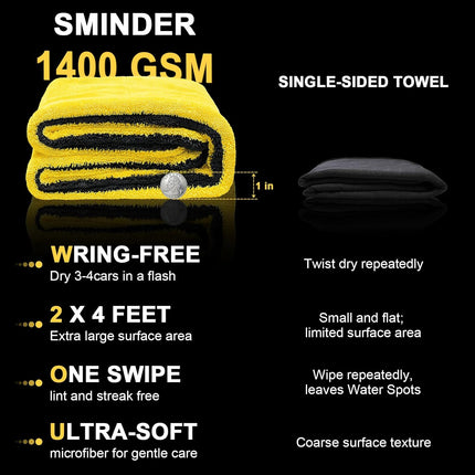 SMINDER 1400 GSM Car Drying Towels Car Detailing– XXL Microfiber Towels for Cars, Trucks (48" x 24"), Ultra-Absorbent, Streak-Free, Scratch-Free, No Water Spots, Double-Twist Pile & Edgeless Design