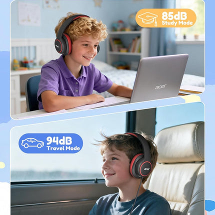 acer Kids Headphones Wired for School - Over Ear Design, 85/94dB Safe Volume Limit, 3.5mm Jack Foldable Headphones for Toddler Boys Girls Classroom Yoto Player Chromebook Travel Black Red