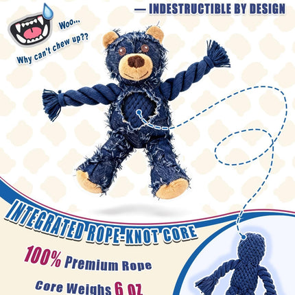 Ragged Bear Dog Toys for Aggressive Chewers, Indestructible Dog Toys with Tough Rope Core, Resistant Squeak Pet Toy for Boredom and Teething, Suitable for All Breed