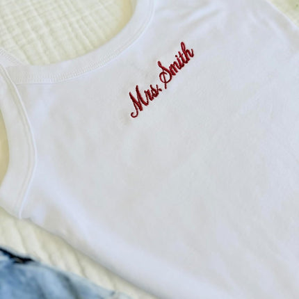 Embroidered Spaghetti Strap Tank Top, Mrs. Tank, Bride T-Shirt, Bridal Shower Gift, Engagement Gift, Bridal Tank Top White