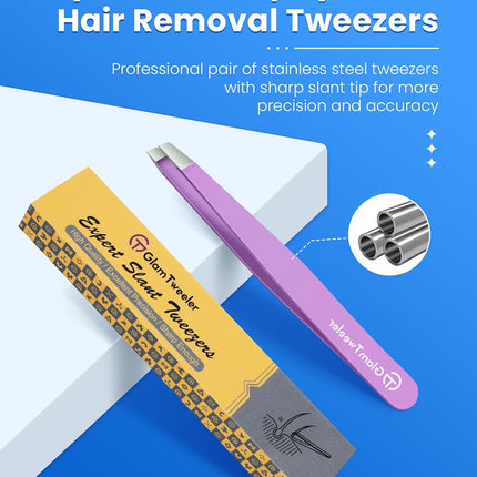 GlamTweeler Expert Eyebrow Hair Removal Tweezer, High Precision Slant Tip Stainless Steel Tweezers for Men and Women
