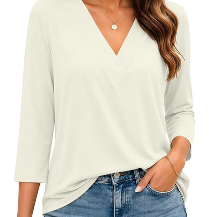 Womens 3/4 Sleeve V Neck Tops Loose Fit T Shirts Casual Blouses
